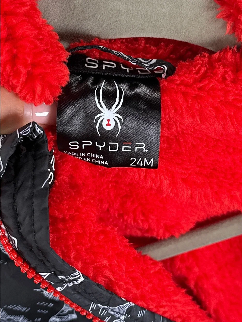 Spyder Snowsuit Bunting Hooded Sherpa Lined Doodle Print Black Red 24M